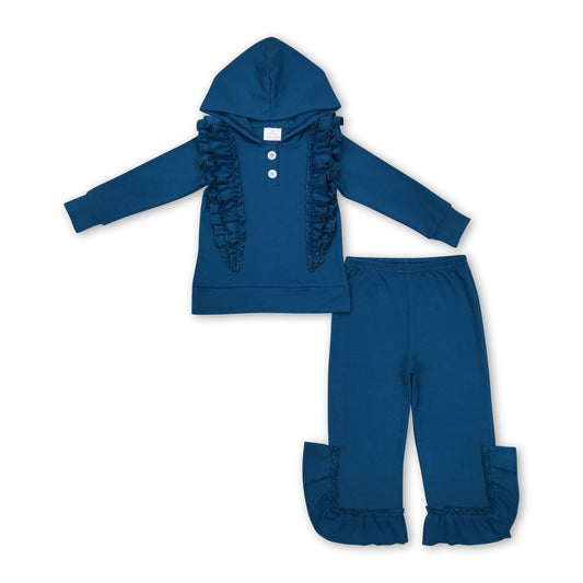 Blue ruffle hoodie match pants girls clothing set