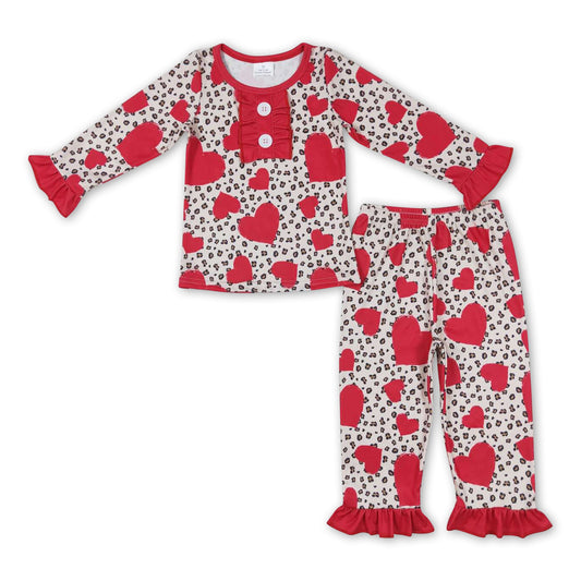 Leopard heart ruffle long sleeves girls valentine's pajamas