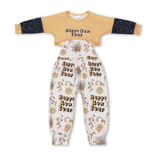 Happy new year top smile flower jumpsuit girls clothing set