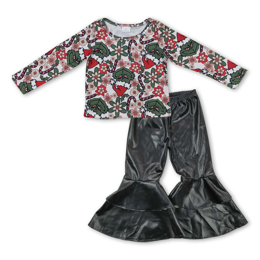 Floral green face top black leather pants girls Christmas set