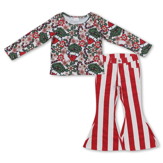 Floral green face top red stripe jeans girls Christmas set