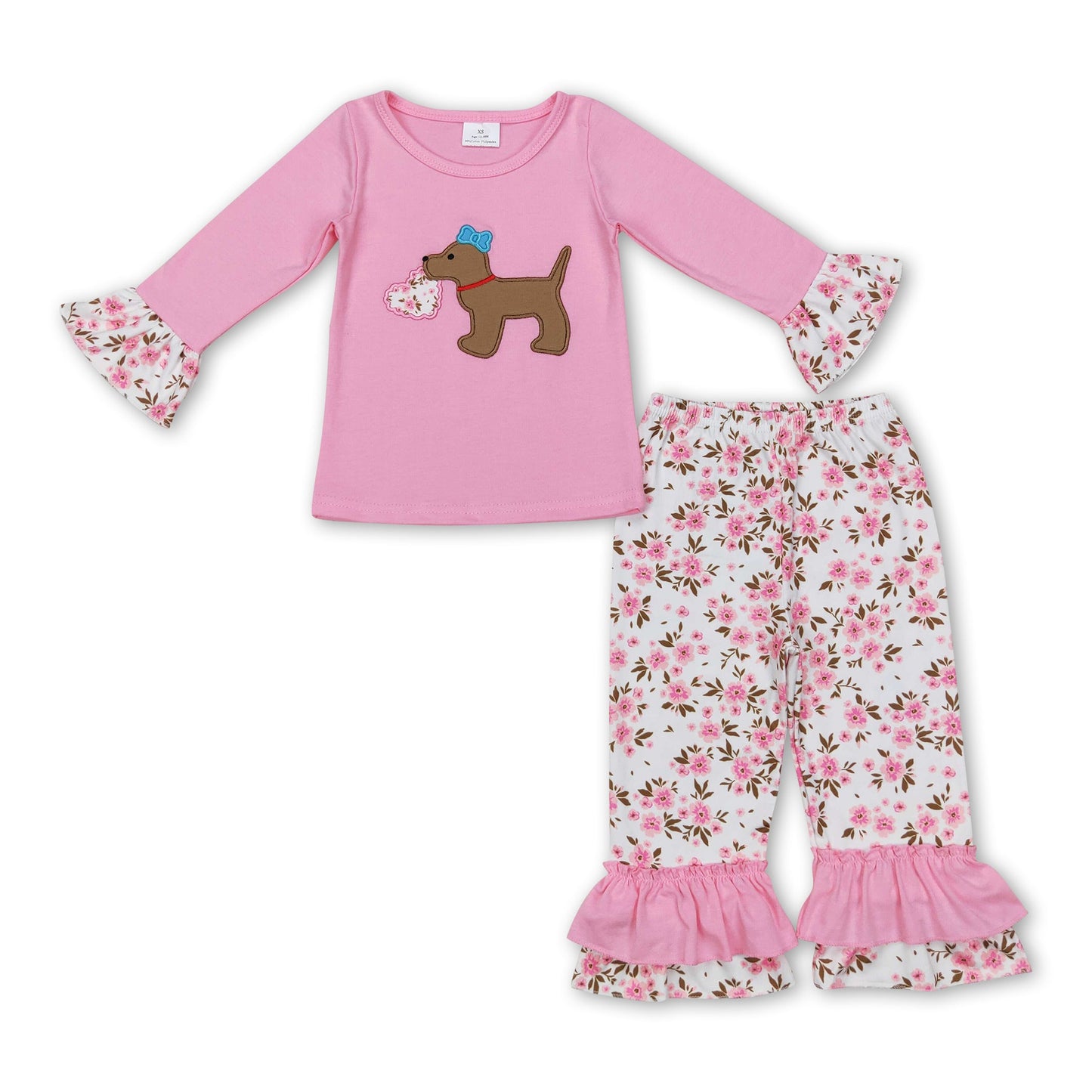 Pink dog heart top floral pants girls valentine's outfits