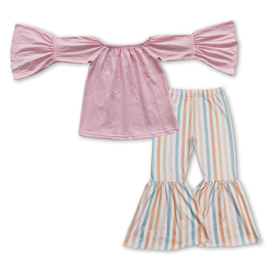 Pink cotton top stripe bell bottom pants girls clothes