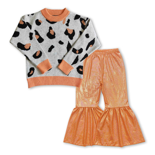 Leopard sweater orange shinny pants girls clothes