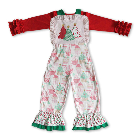 Red shirt Christmas tree cup cake jumpsuit girls outfits