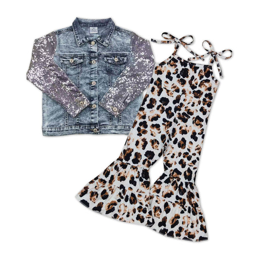 Silver sequin denim jacket leopard jumpsuit girls outfits