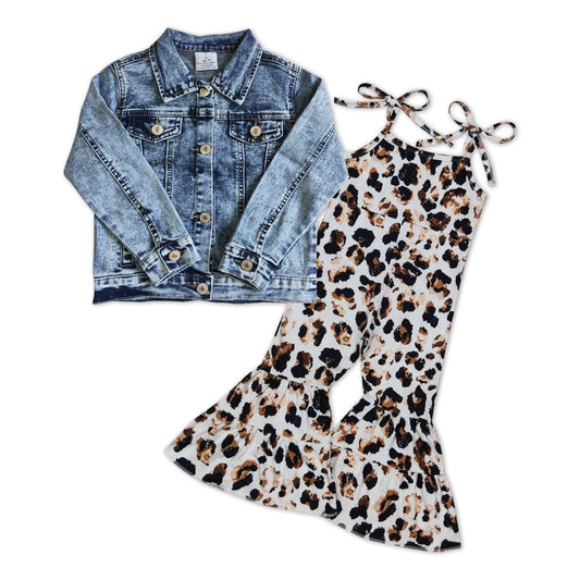 Light blue denim jacket leopard jumpsuit girls outfits