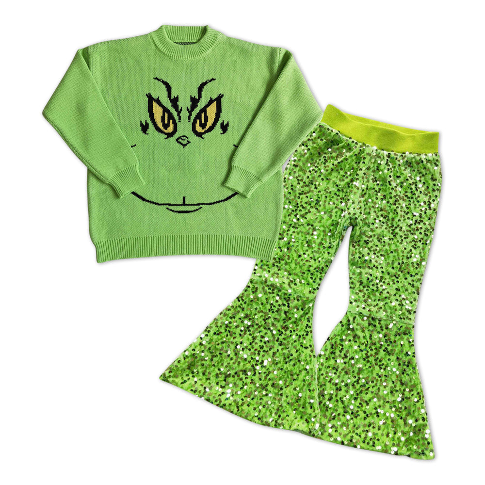 Green face sweater sequin pants girls Christmas outfits