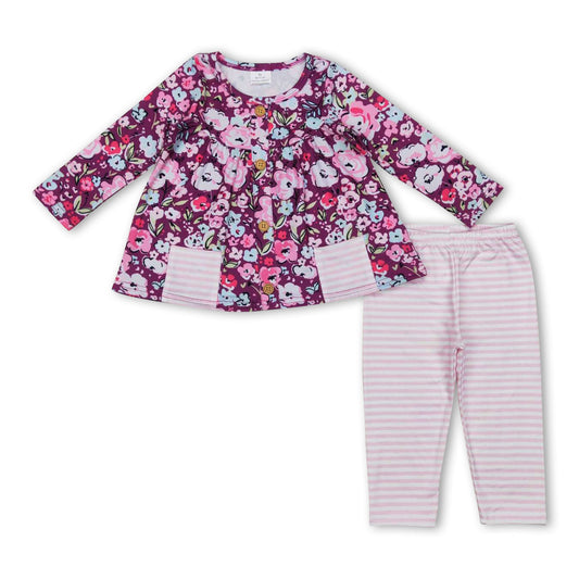 Maroon floral pocket tunic pink stripe leggings girls clothes