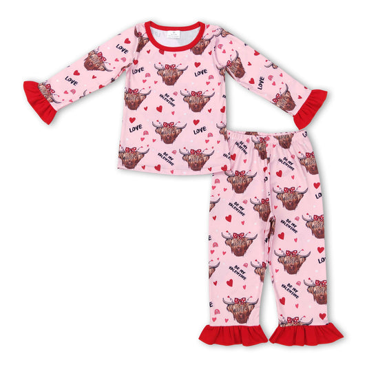 Be my valentine highland cow heart love girls pajamas