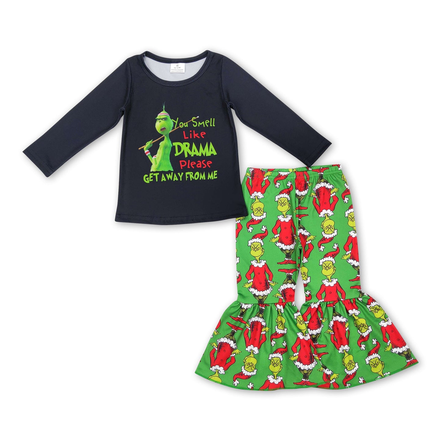 Black top green face pants girls Christmas clothes
