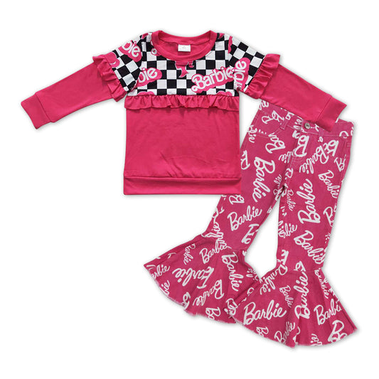 Hot pink plaid top jeans party girls clothing set