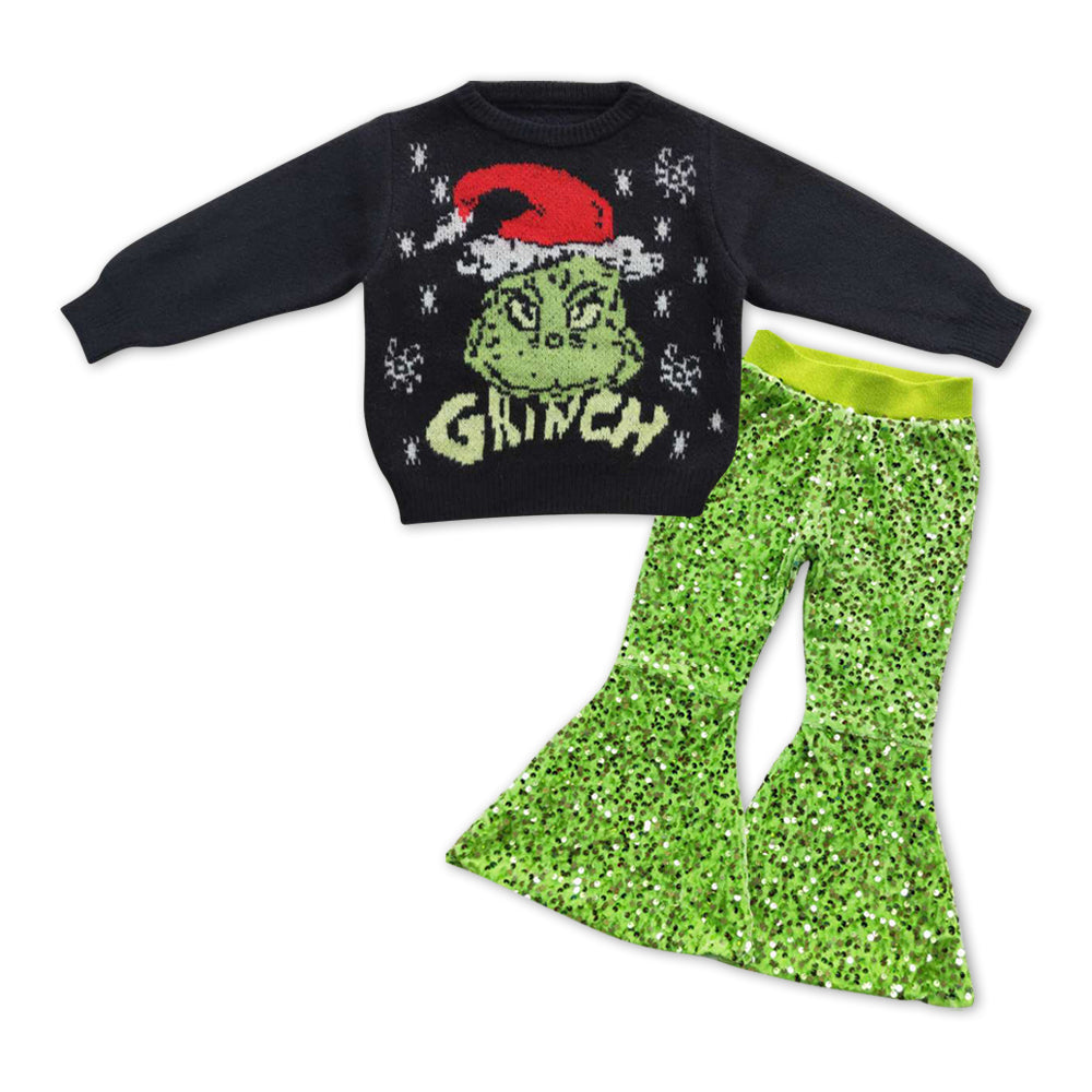 Black sweater green face sequin pants girls Christmas clothes