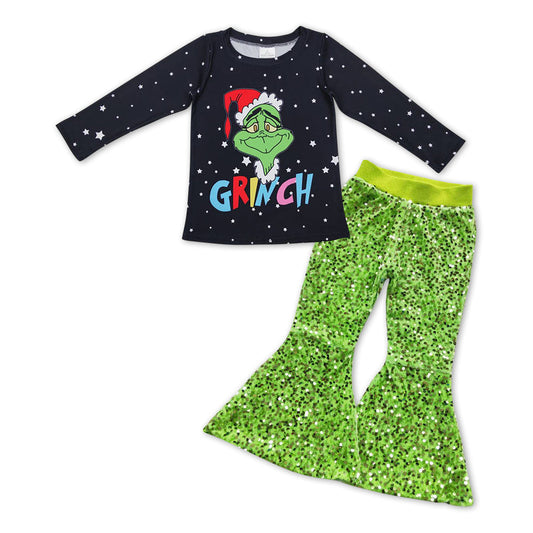 Stars green face top sequin pants girls Christmas clothes