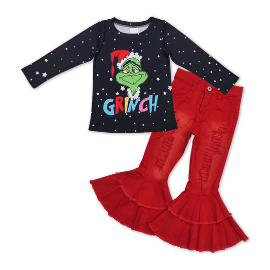 Stars green face top red jeans girls Christmas clothes