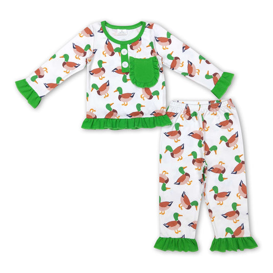Green long sleeves duck pocket ruffle baby girls pajamas