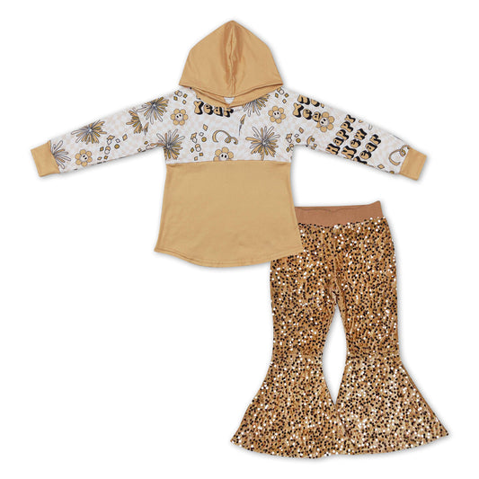 Happy New yeart hoodie gold sequin pants girls clothing