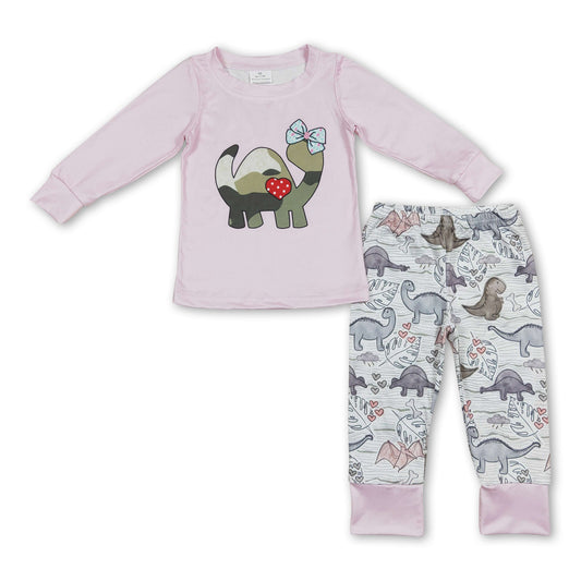 Pink dinosaur top pants kids girls clothing set