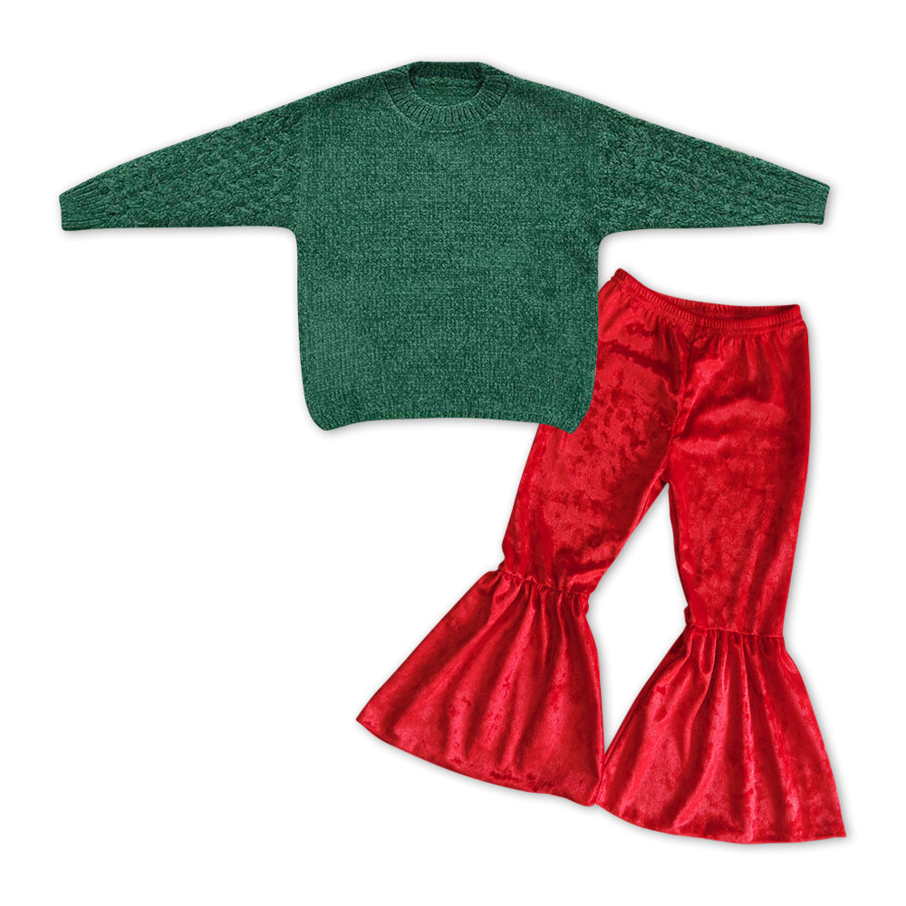 Green sweater red velvet pants kids girls clothes