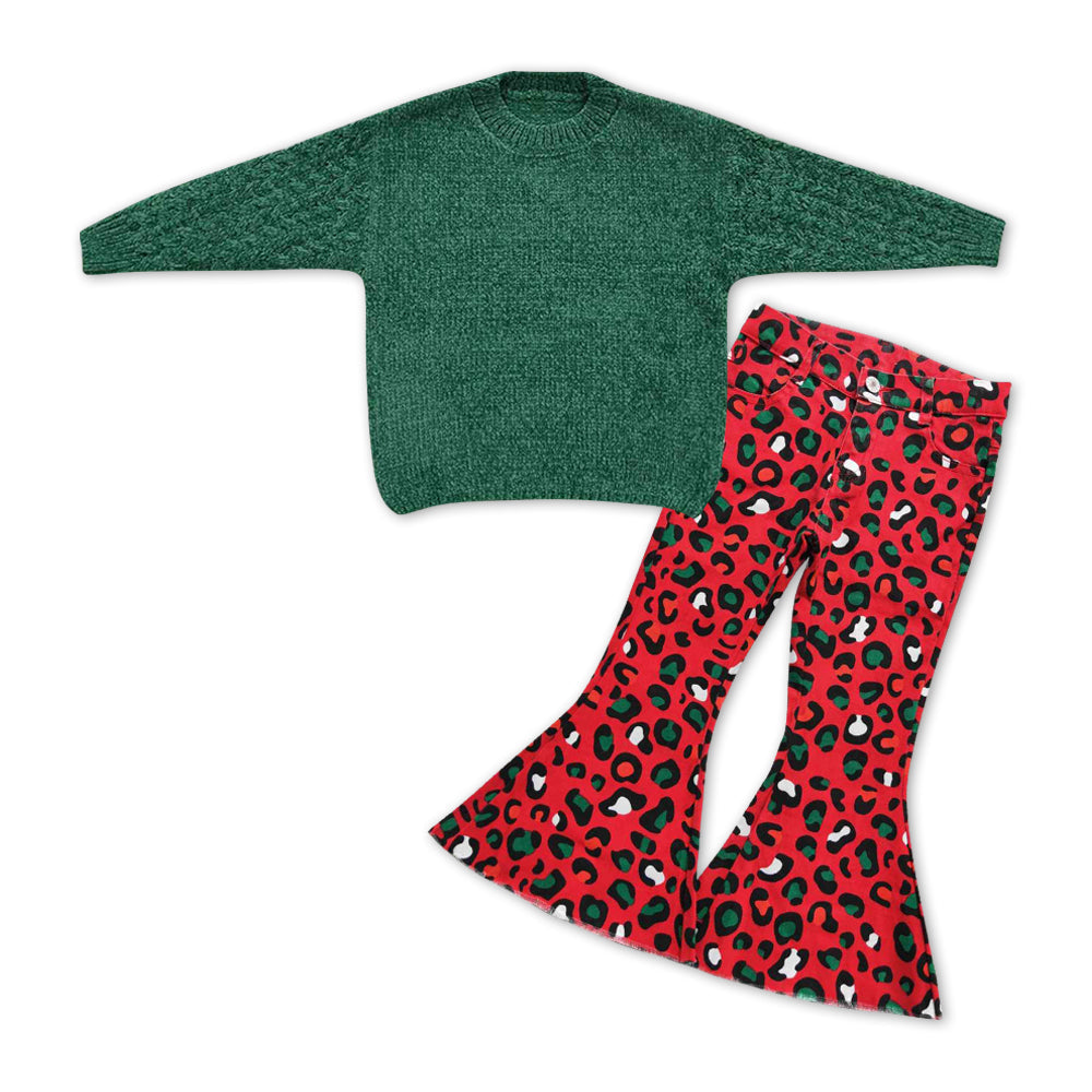 Green sweater red leopard jeans girls clothes
