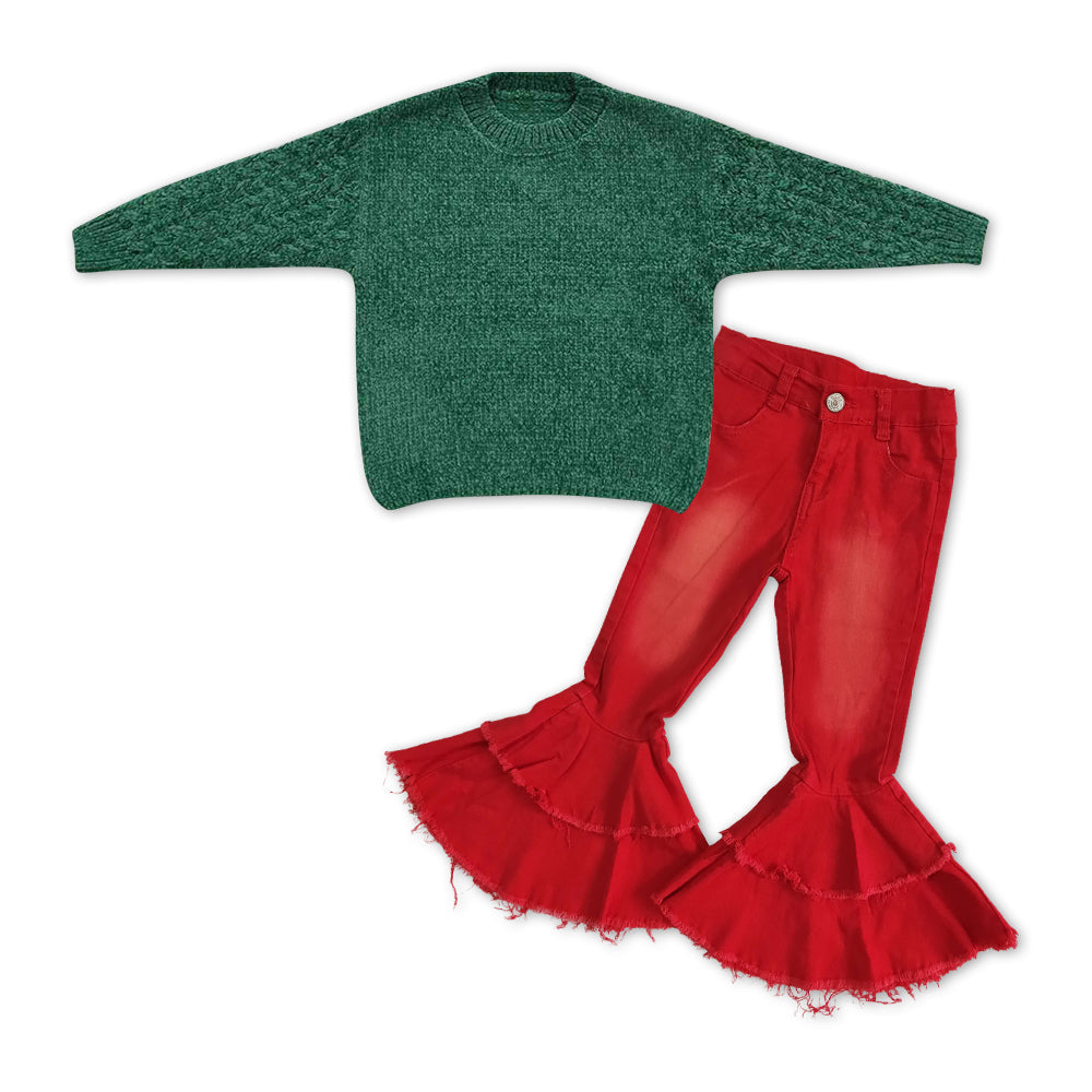 Green sweater red washed ruffle jeans girls clothes