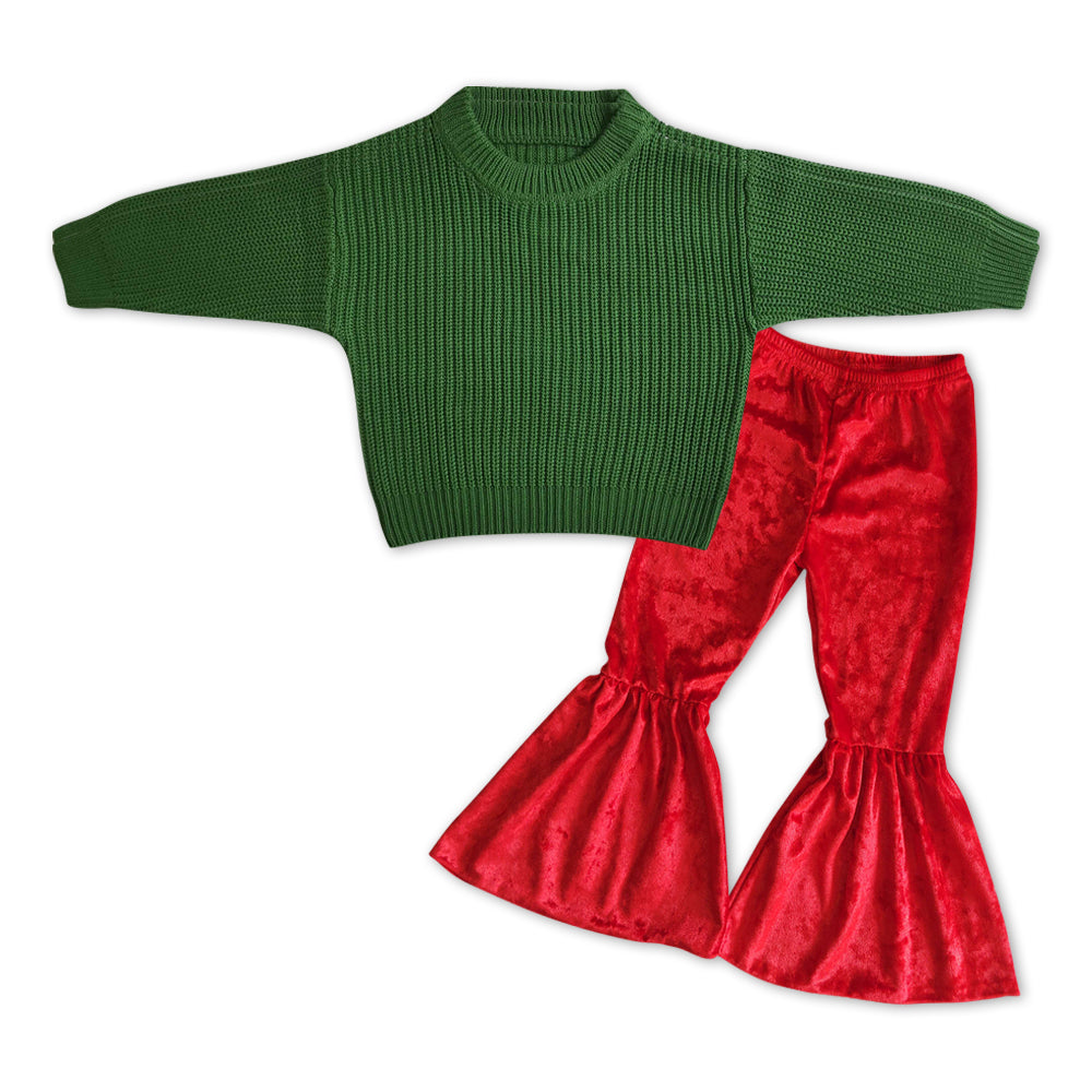 Green sweater red velvet pants girls Christmas clothes