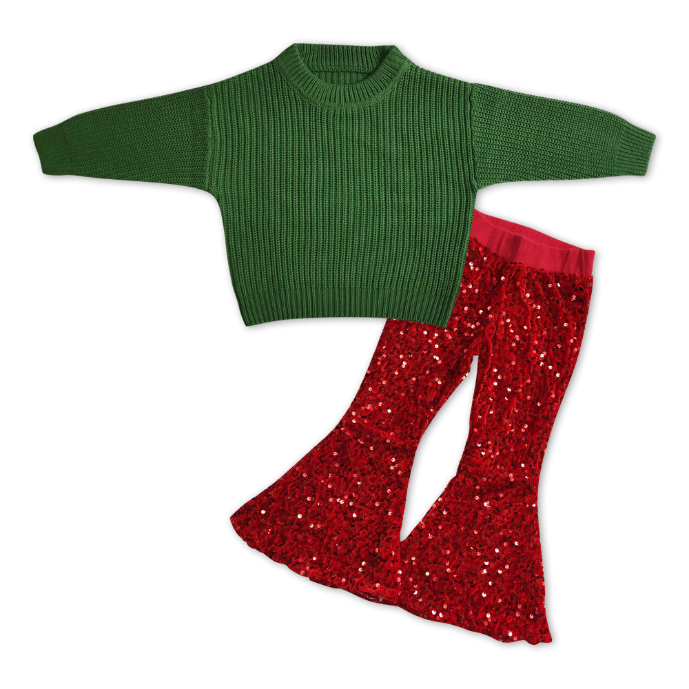 Green sweater red sequin pants girls Christmas clothes