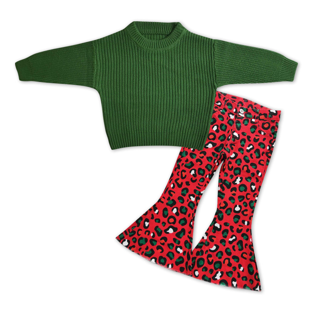 Green sweater red leopard jeans girls Christmas outfits
