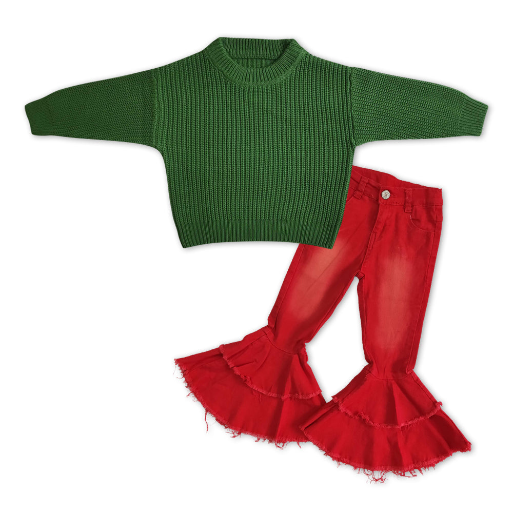 Green sweater red ruffle jeans girls Christmas outfits