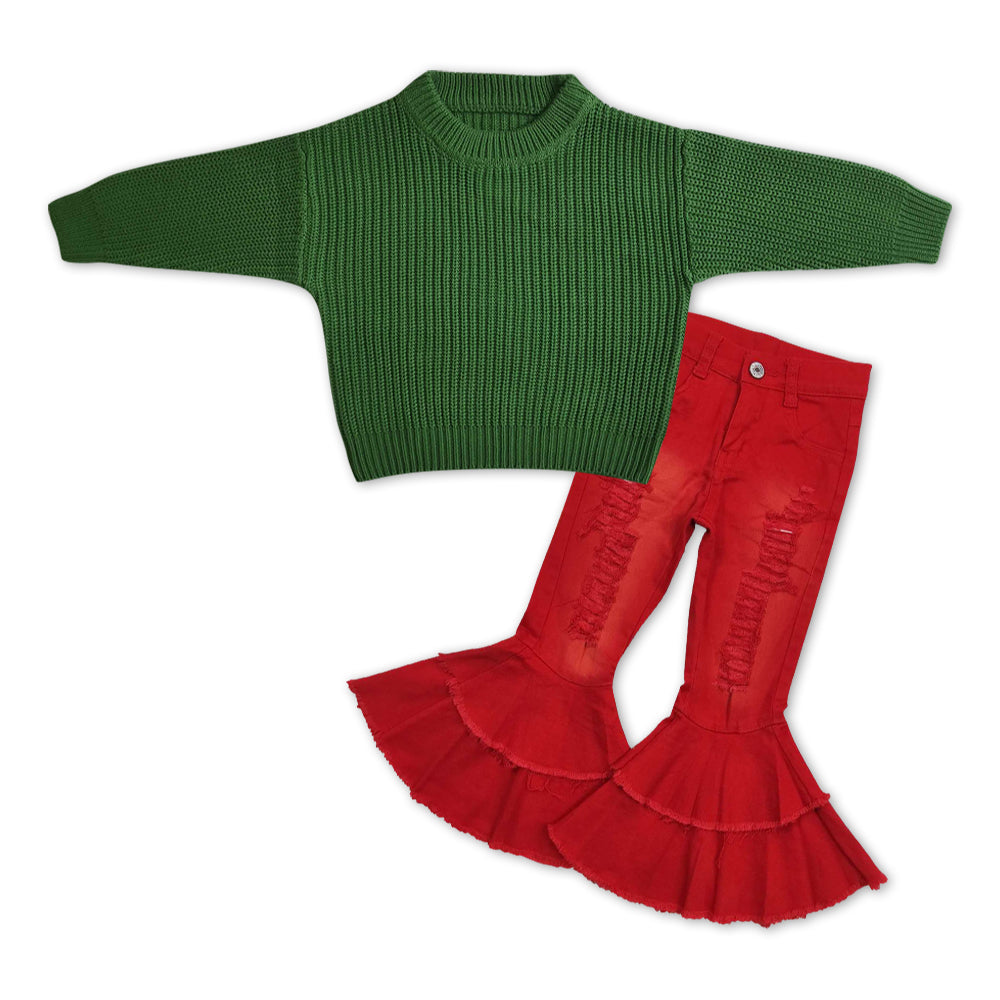 Green sweater red distressed jeans girls Christmas outfits