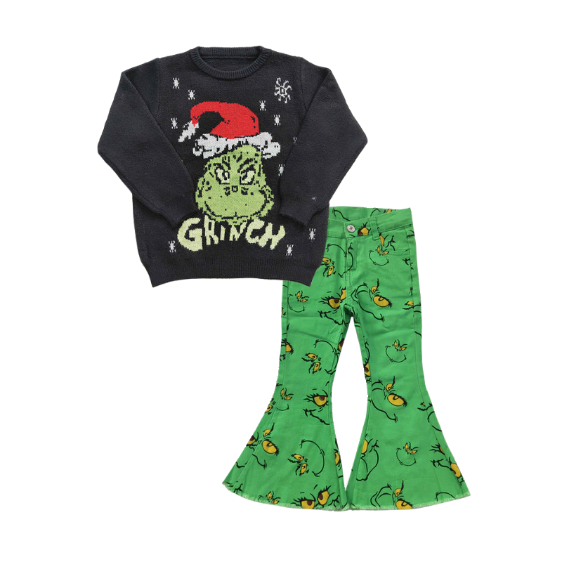 Black sweater green face jeans girls Christmas outfits