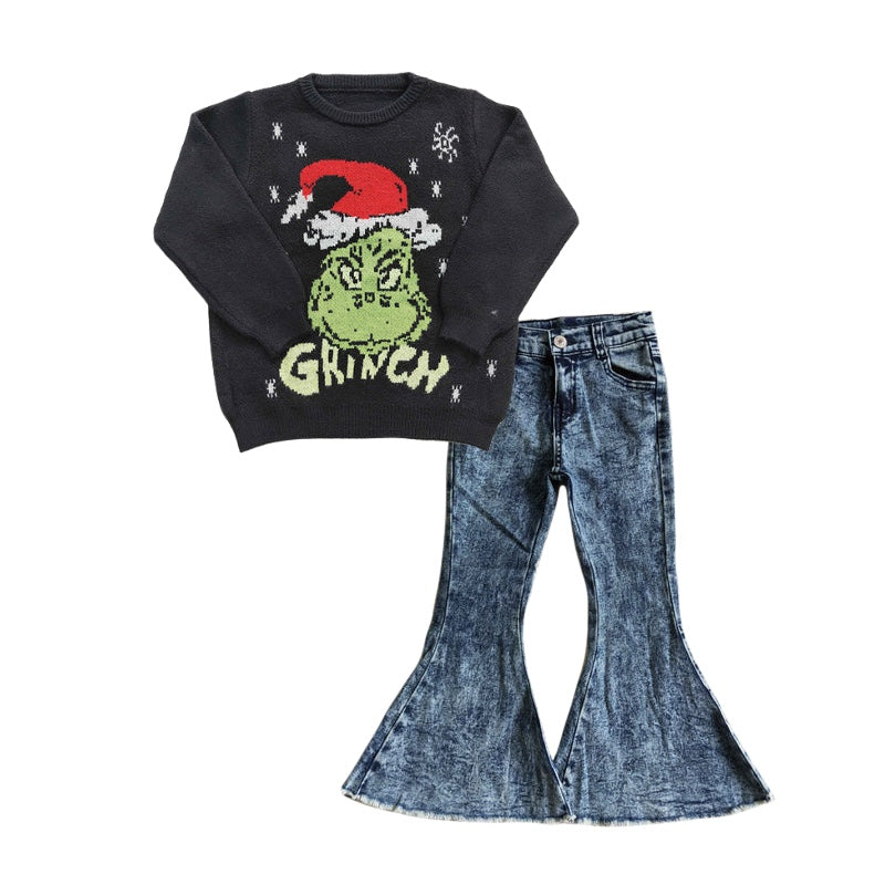 Black green face sweater flare jeans girls Christmas outfits
