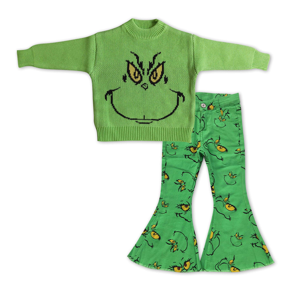 Green facesweater jeans girls Christmas clothing set