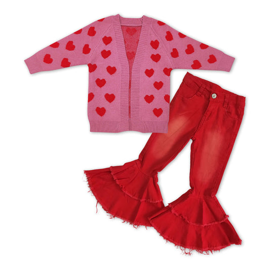 Heart cardigan sweater red jeans girls valentine's set