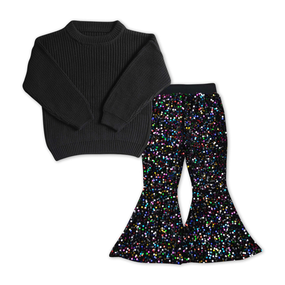 Black sweater match colorful sequin pants girls outfits