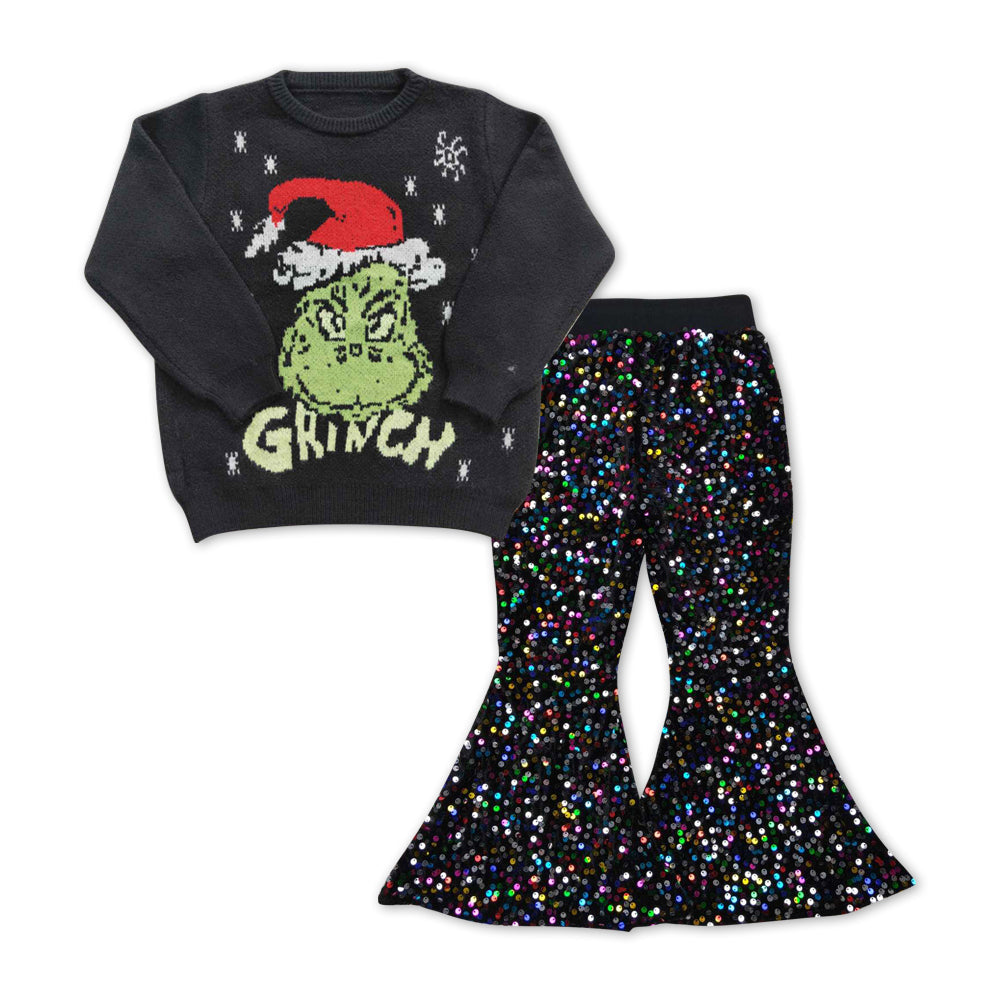 Green face sweater colorful black sequin Christmas girls set