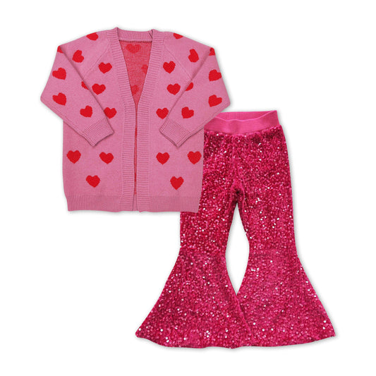 Heart sweater hot pink sequin pants girls valentine's set