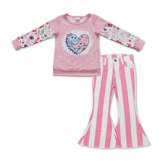 Heart dinosaur top pink stripe pants girls valentine's clothes