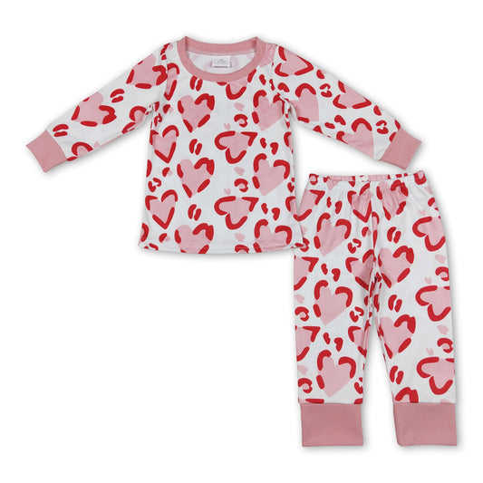 Pink heart long sleeves kids girls valentines pajamas