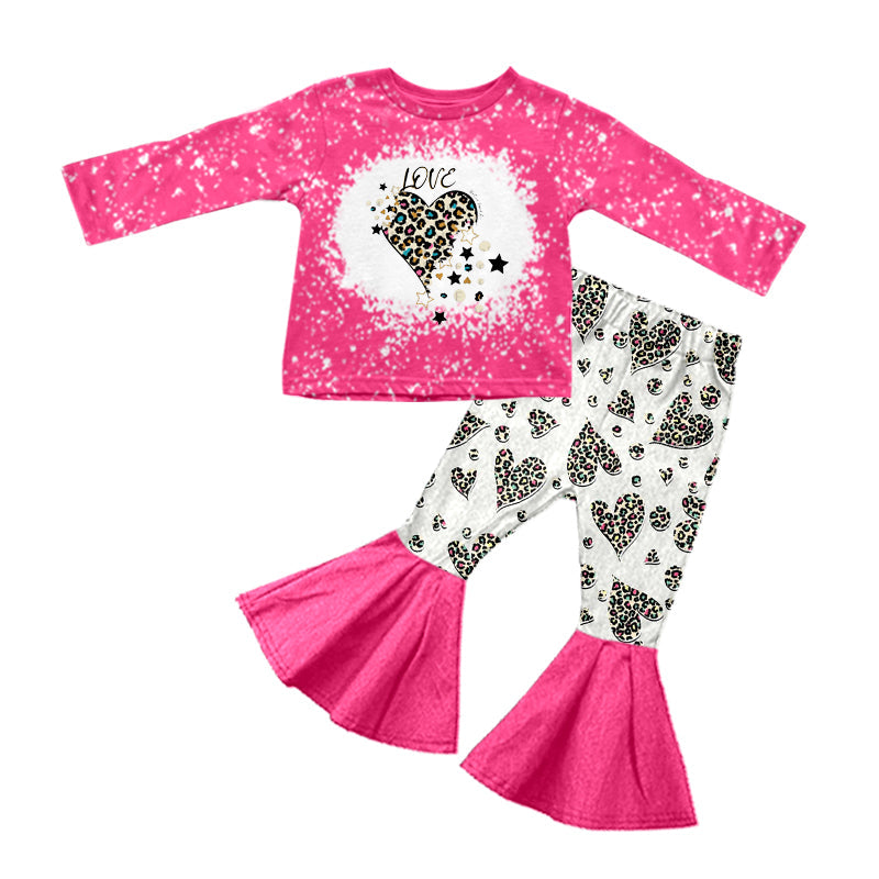 Leopard love top bell bottom pants girls valentines clothes