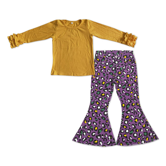 Mustard top purple leopard jeans girls clothingn set