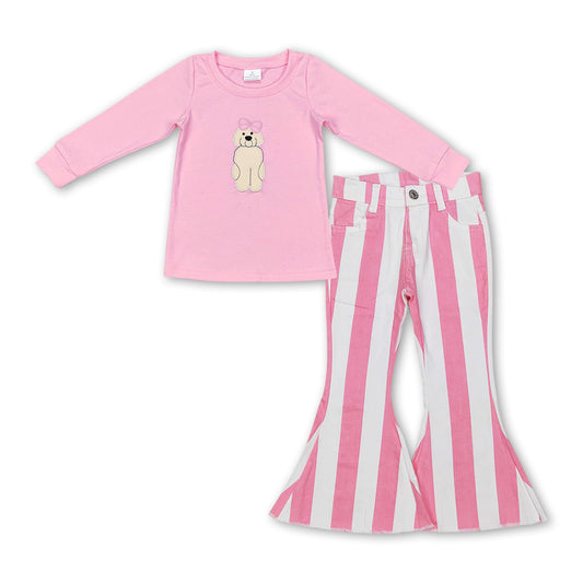 Pink bow dog embroidery top stripe jeans girls clothing