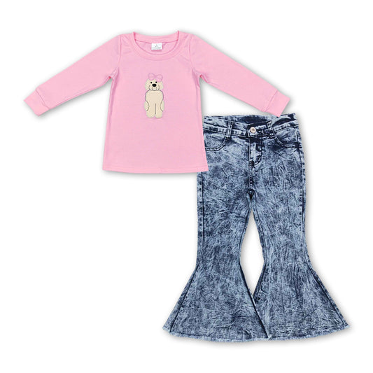 Pink bow dog embroidery top jeans girls outfits