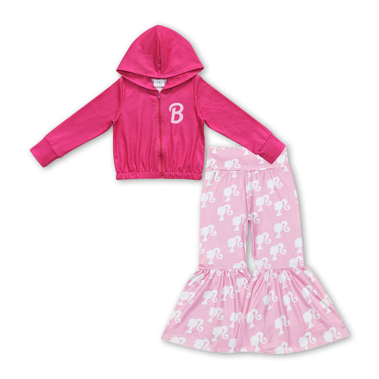 Hot pink B hooded jacket pants party girls clothing set