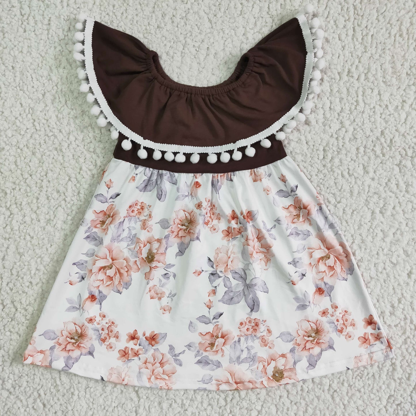 Pom pom brown floral kids girls summer dresses