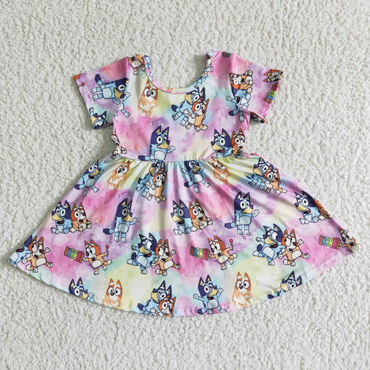 Cute dog print short sleeve girls summer twirl dresses