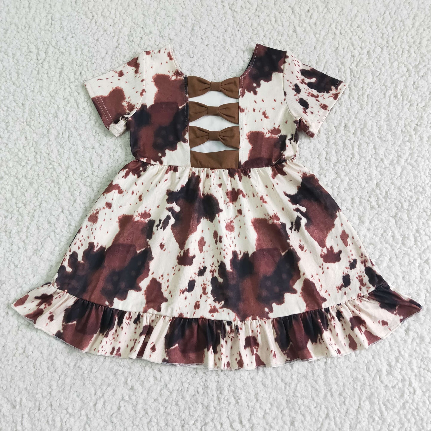 Cow print short sleeve bow backless baby girls summer dresses