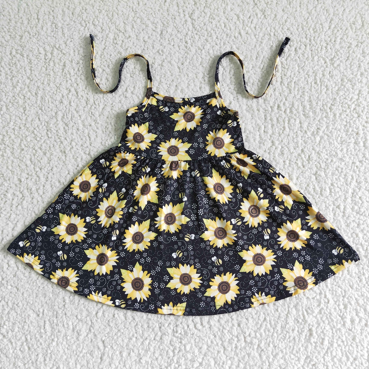 Sleeveless sunflower bee kids girls summer twirl dresses