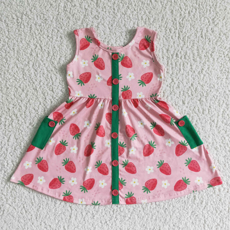 Strawberry sleeveless pocket twirl girls dress