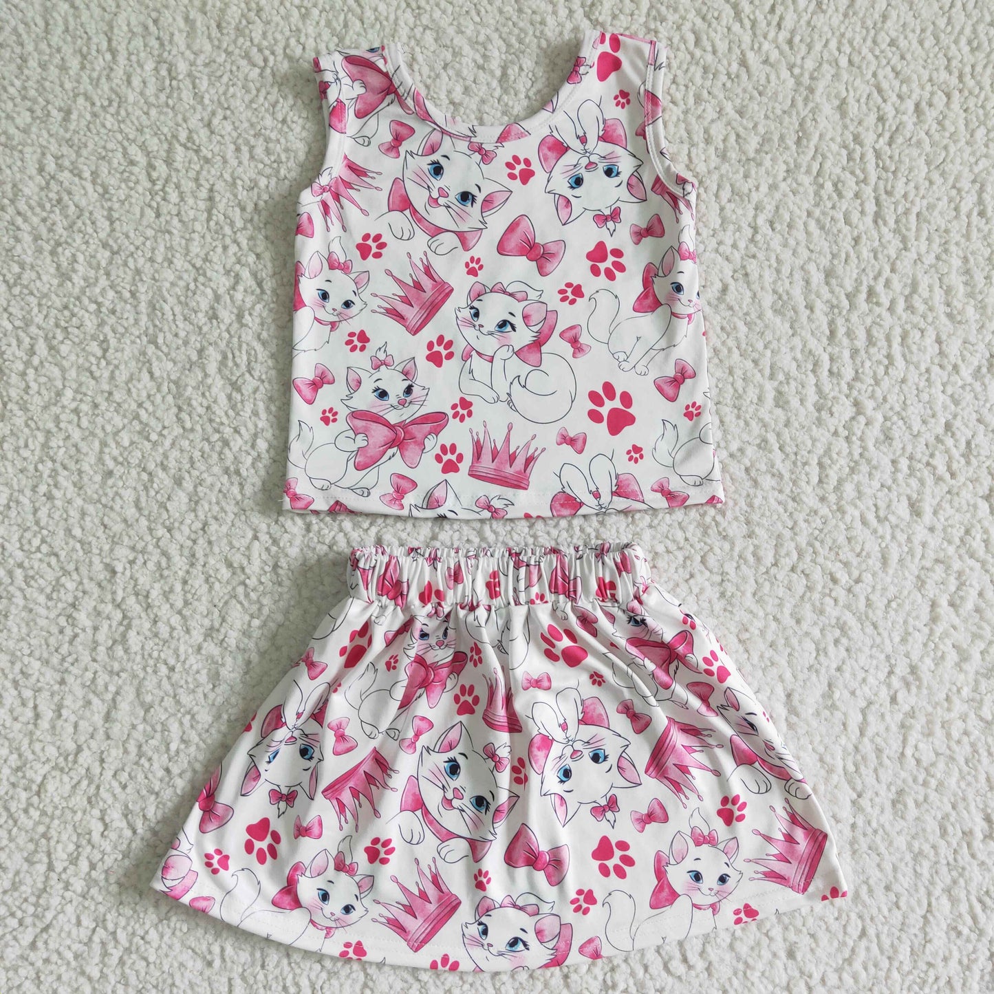 Cat print sleeveless shirt skirt baby girls clothing